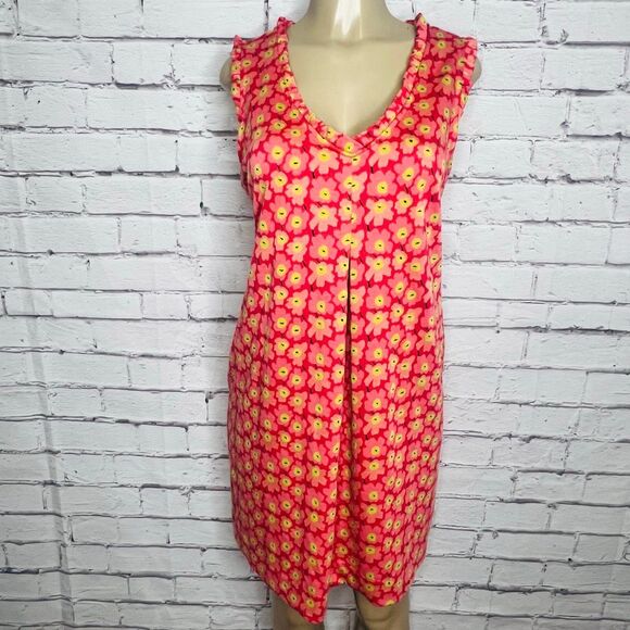 Tyler Boe Womens Red Yellow V-Neck Ruffle Knit Sleeveless Sheath Dress Sz Large - Picture 1 of 12